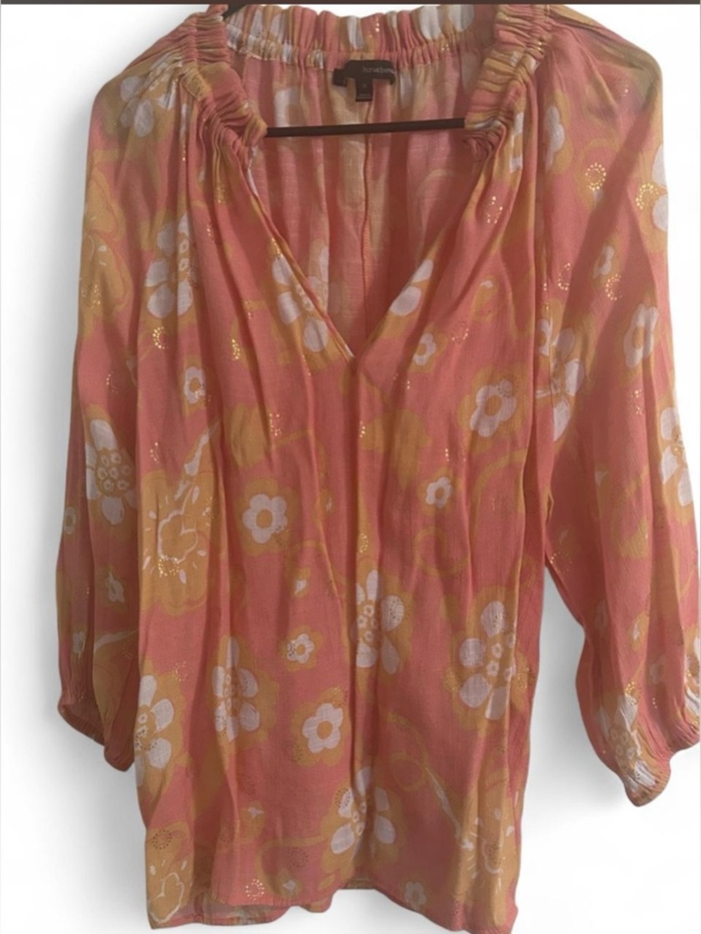Harve Bernard Coral Floral V-Neck Peasant Blouse